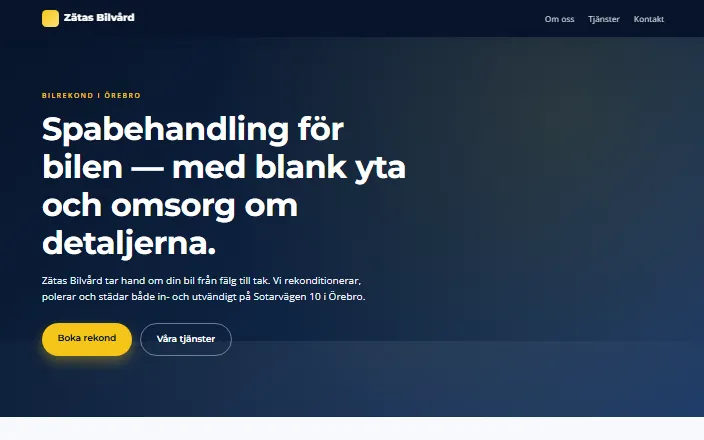 Skärmdump av Zätas Bilvård ABs hemsida