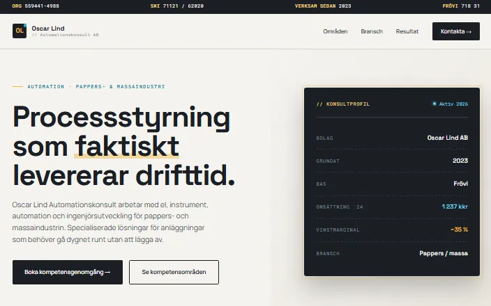 Skärmdump av Oscar Lind Automationskonsults hemsida