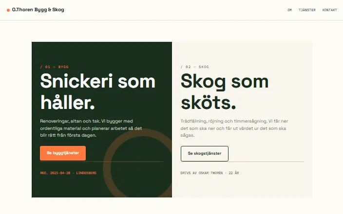Skärmdump av O.Thoren Bygg & Skogs hemsida