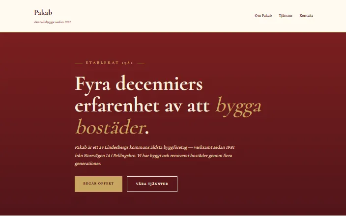 Skärmdump av Pakabs hemsida