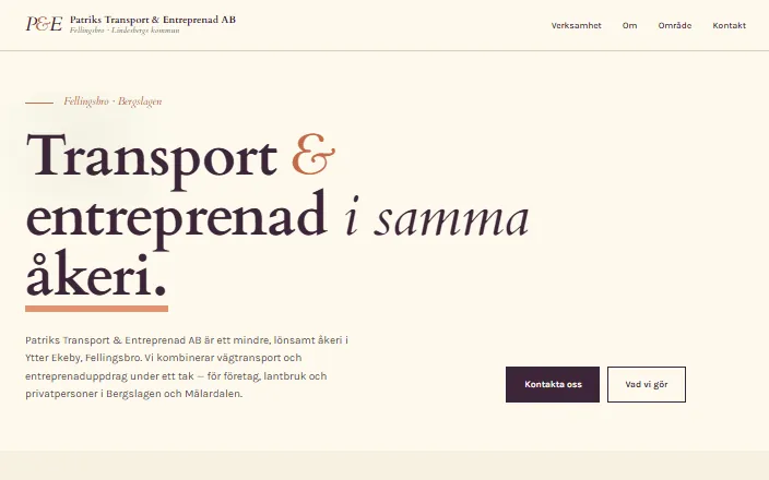 Skärmdump av Patriks Transport & Entreprenad ABs hemsida