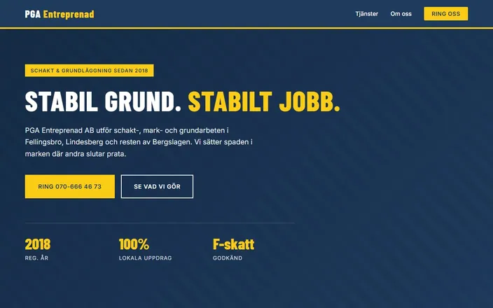 Skärmdump av PGA Entreprenad ABs hemsida