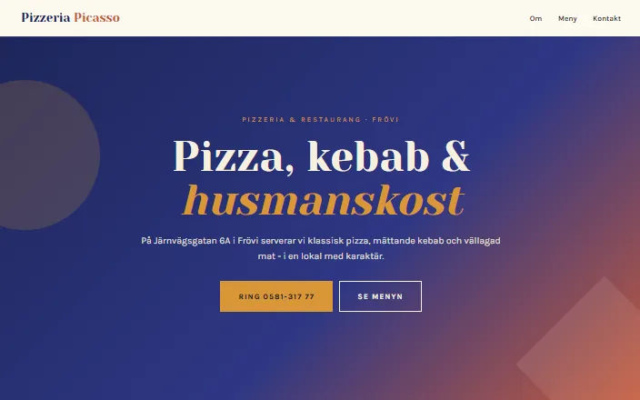 Skärmdump av Pizzeria Picasso & Restaurangs hemsida