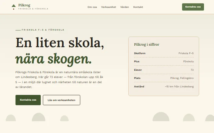 Skärmdump av Pilkrogs Friskola & Förskolas hemsida