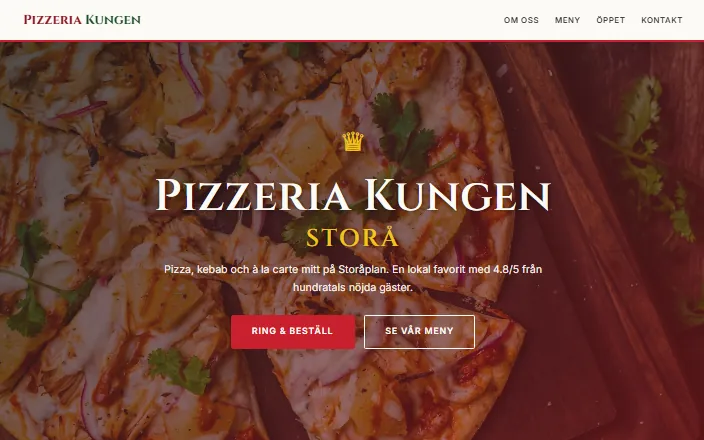Skärmdump av Pizzeria Kungens hemsida