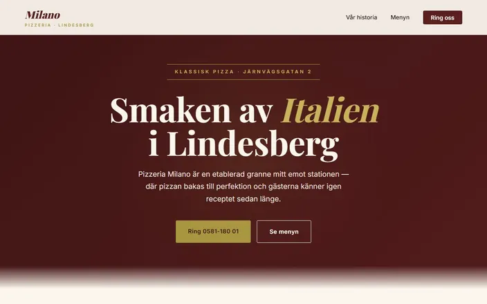 Skärmdump av Pizzeria Milanos hemsida