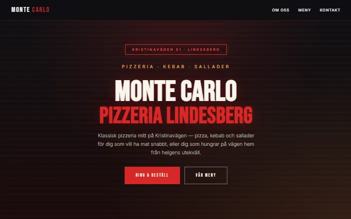 Skärmdump av Pizzeria Monte Carlos hemsida