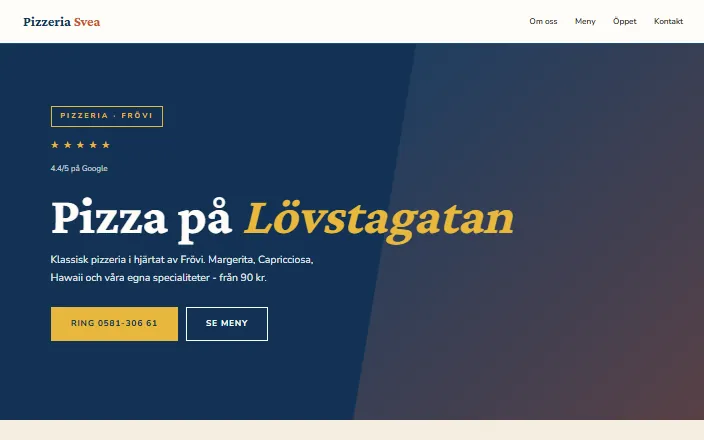 Skärmdump av Pizzeria Sveas hemsida