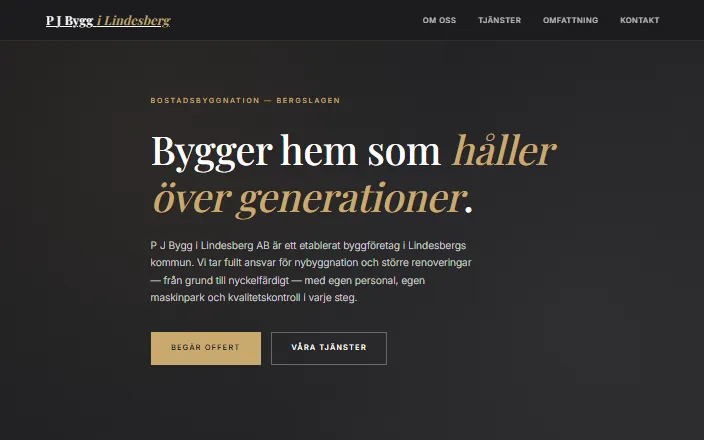 Skärmdump av P J Bygg i Lindesberg ABs hemsida