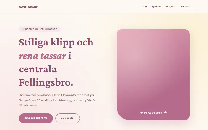 Skärmdump av Rara tassars hemsida