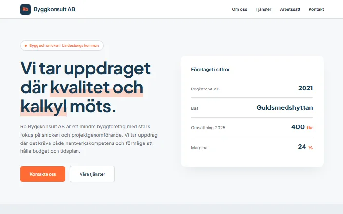 Skärmdump av Rb Byggkonsult ABs hemsida