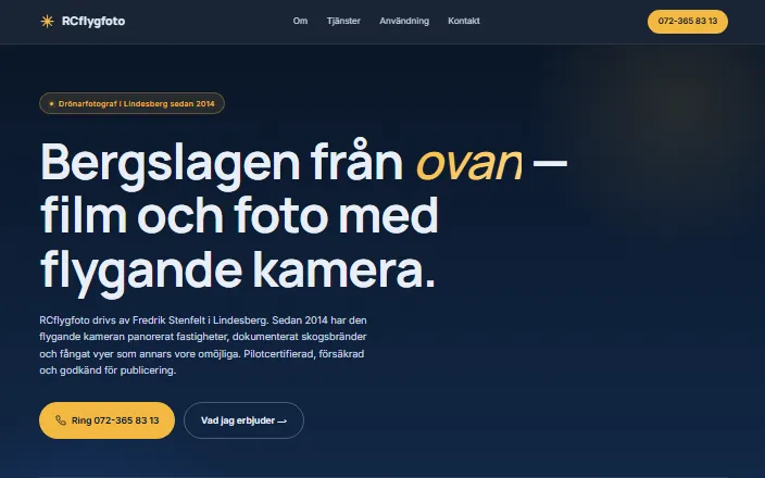 Skärmdump av RCflygfotos hemsida