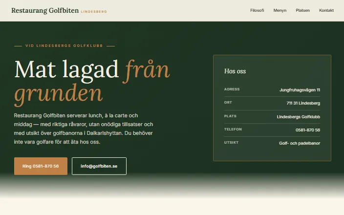 Skärmdump av Restaurang Golfbitens hemsida