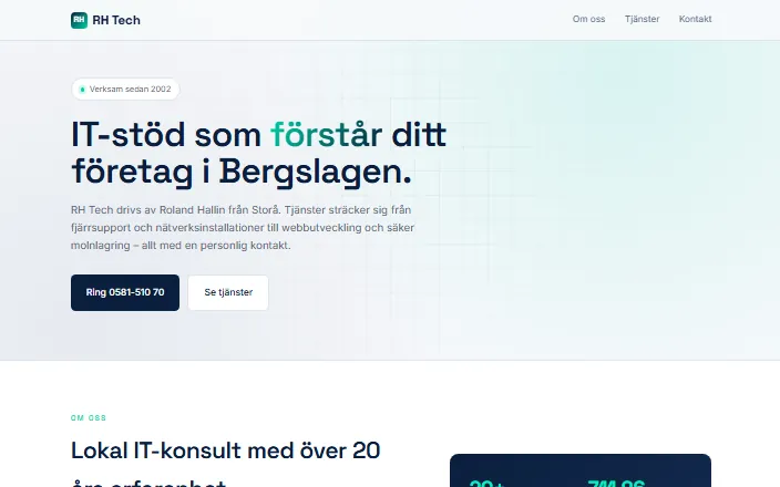 Skärmdump av RH Techs hemsida