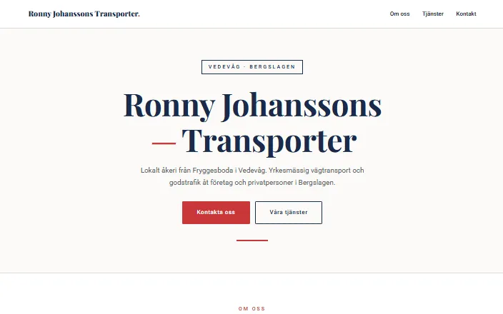 Skärmdump av Ronny Johanssons Transporter ABs hemsida