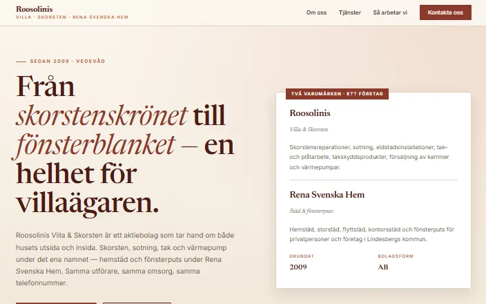 Skärmdump av Roosolinis Villa & Skorsten · Rena Svenska Hems hemsida