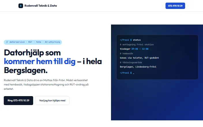 Skärmdump av Rudenvall Teknik & Datas hemsida