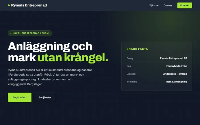 Skärmdump av Rymals Entreprenad ABs hemsida