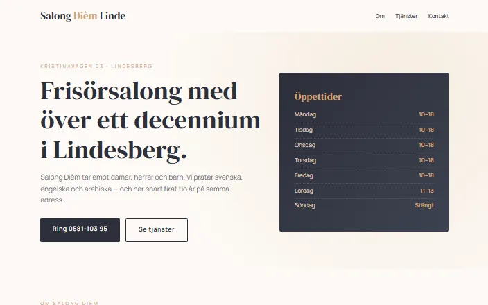 Skärmdump av Salong Dièm Lindes hemsida