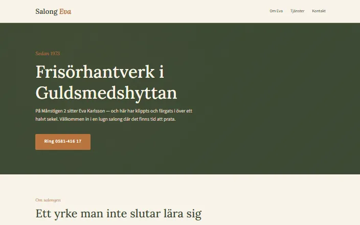 Skärmdump av Salong Evas hemsida