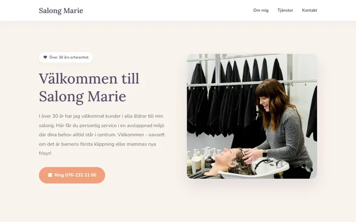 Skärmdump av Salong Maries hemsida