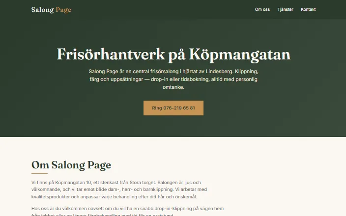 Skärmdump av Salong Pages hemsida