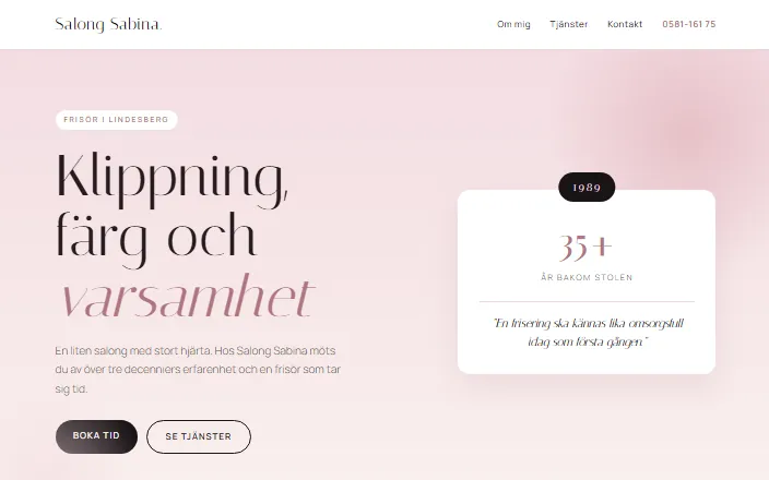 Skärmdump av Salong Sabinas hemsida