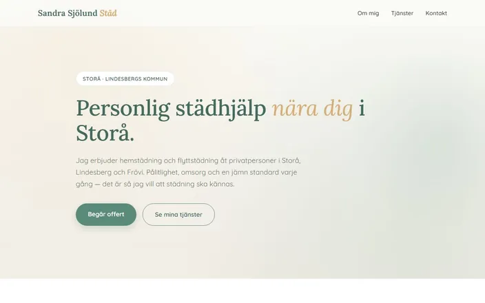 Skärmdump av Sandra Sjölund Städs hemsida