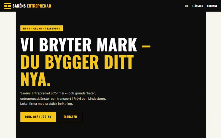Skärmdump av Saréns Entreprenads hemsida