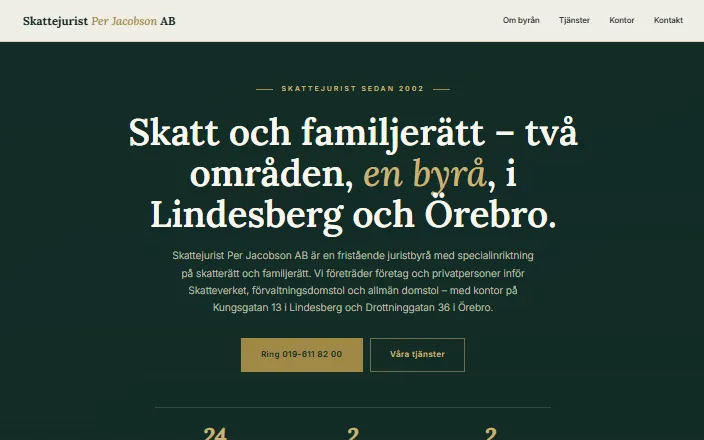 Skärmdump av Skattejurist Per Jacobson ABs hemsida