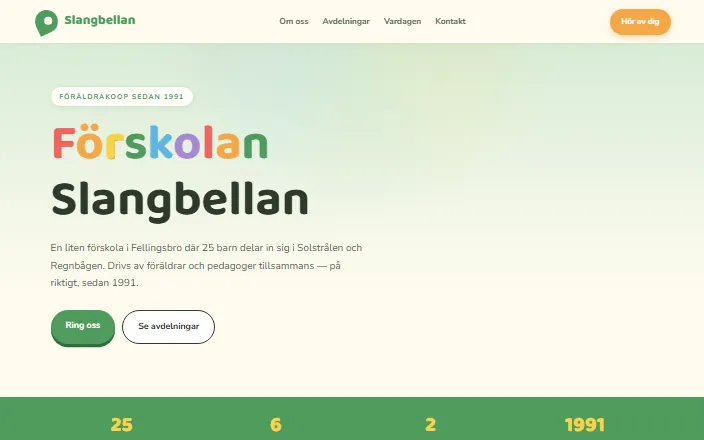 Skärmdump av Förskolan Slangbellans hemsida