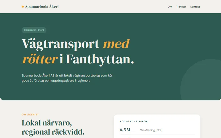 Skärmdump av Spannarboda Åkeri ABs hemsida