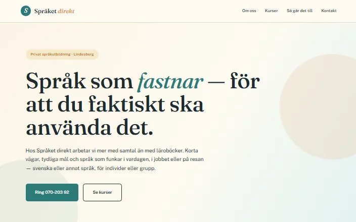 Skärmdump av Språket direkts hemsida
