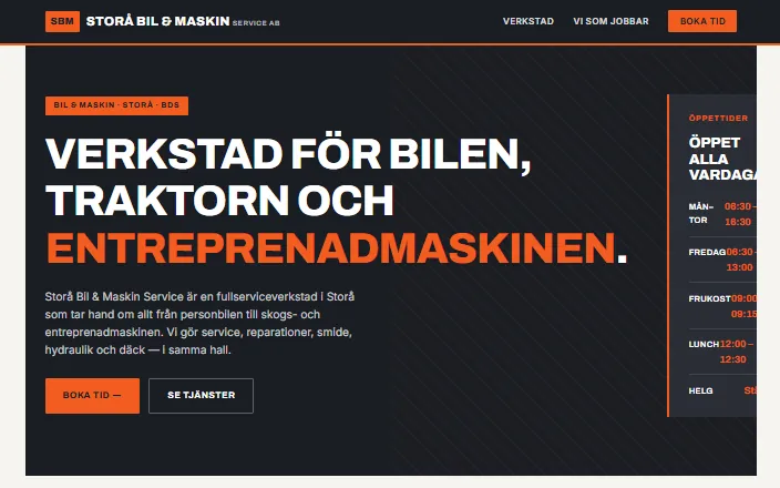 Skärmdump av Storå Bil & Maskin Services hemsida