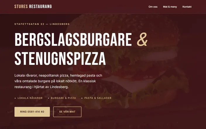 Skärmdump av Stures Restaurangs hemsida