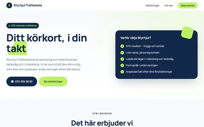 Skärmdump av Styrhjul Trafikskolas hemsida