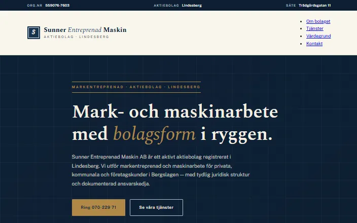 Skärmdump av Sunner Entreprenad Maskin ABs hemsida