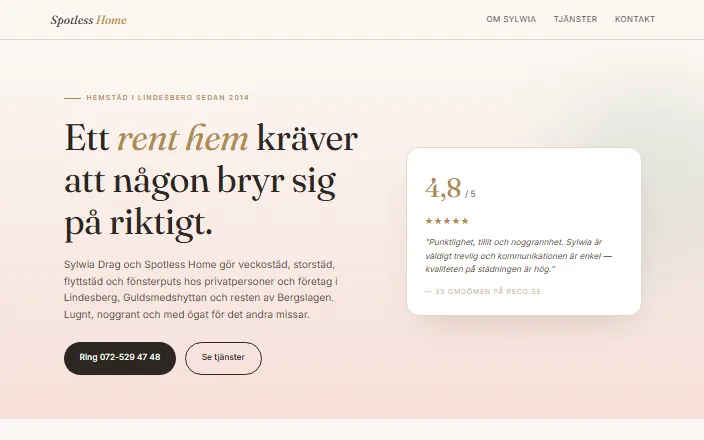 Skärmdump av Spotless Homes hemsida
