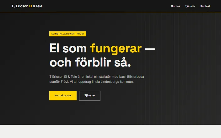 Skärmdump av T Ericson El & Teles hemsida