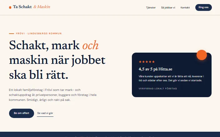 Skärmdump av Ta Schakt & Maskin ABs hemsida