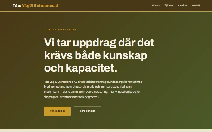 Skärmdump av Ta:s Väg & Entreprenad ABs hemsida