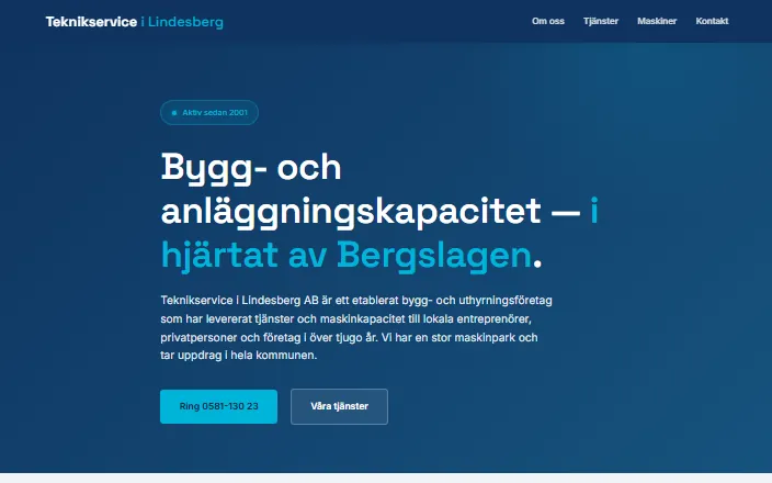 Skärmdump av Teknikservice i Lindesberg ABs hemsida