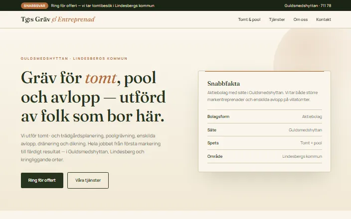 Skärmdump av Tg:s Gräv & Entreprenad i Guldsmedshyttans hemsida