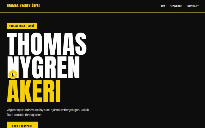 Skärmdump av Thomas Nygren Åkeri ABs hemsida