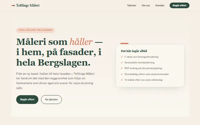 Skärmdump av Toftlings Måleris hemsida