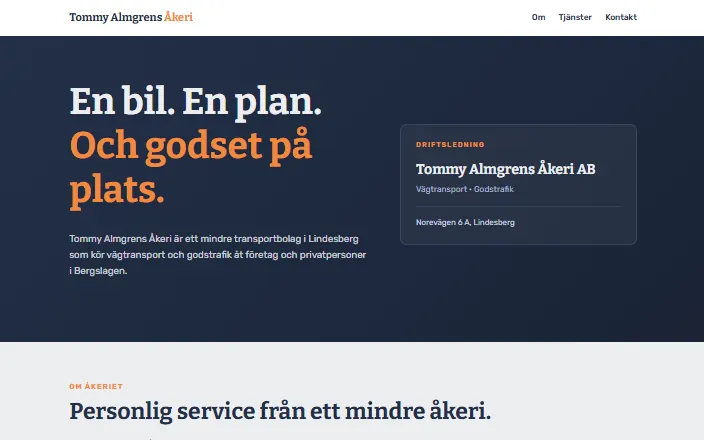 Skärmdump av Tommy Almgrens Åkeri ABs hemsida