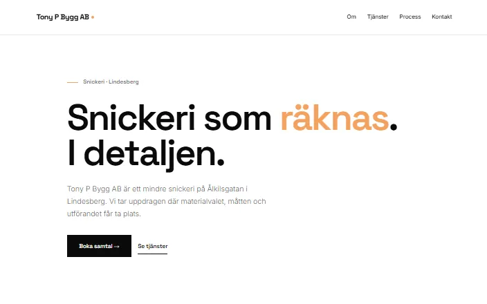 Skärmdump av Tony P Bygg ABs hemsida