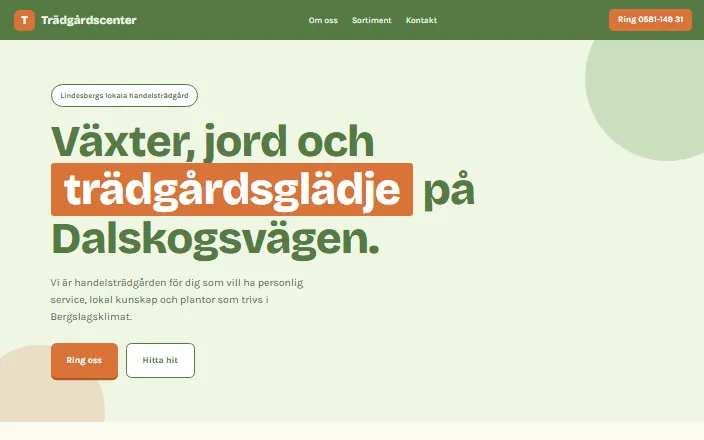 Skärmdump av Trädgårdscenters hemsida