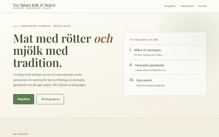Skärmdump av Tre Sjöars Kök & Mejeris hemsida