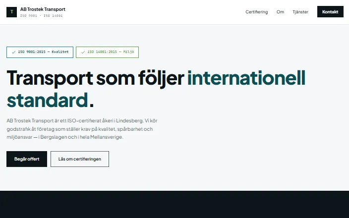 Skärmdump av AB Trostek Transports hemsida